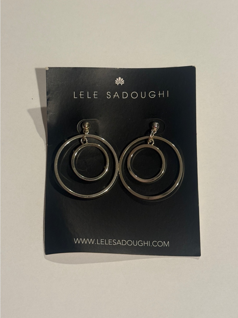 NWT Lele Sadoughi Polished Silver Double Circle Hoop Drop Statement Earrings